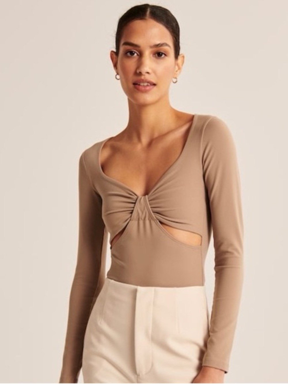 Abercrombie & Fitch Taupe Twist Cutout Long Sleeve Bodysuit